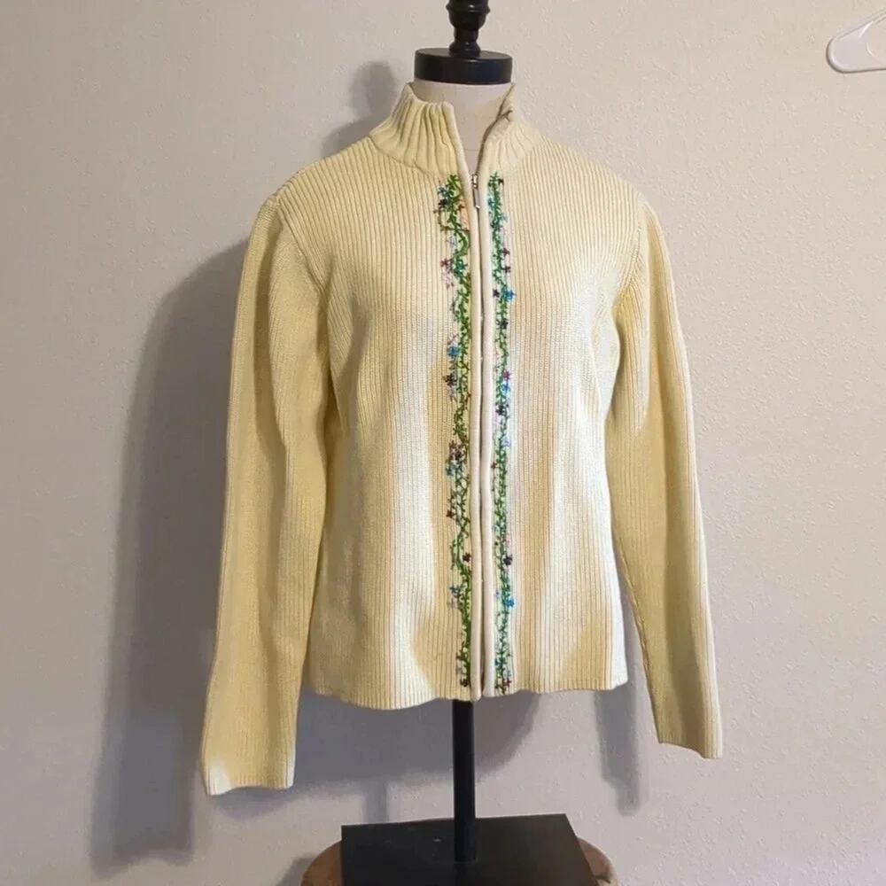 Crazy Horse Knit Yellow zip up floral‎ sweater